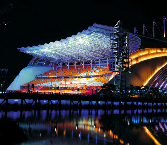 A side-on view of the stadium, lit up at night.