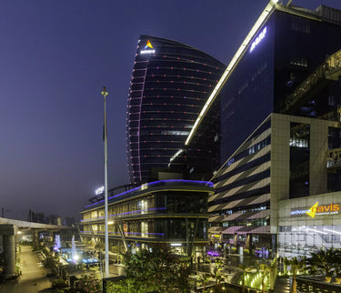 An image of the Noida Advant Navis Business Park at night.