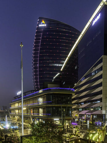 An image of the Noida Advant Navis Business Park at night.
