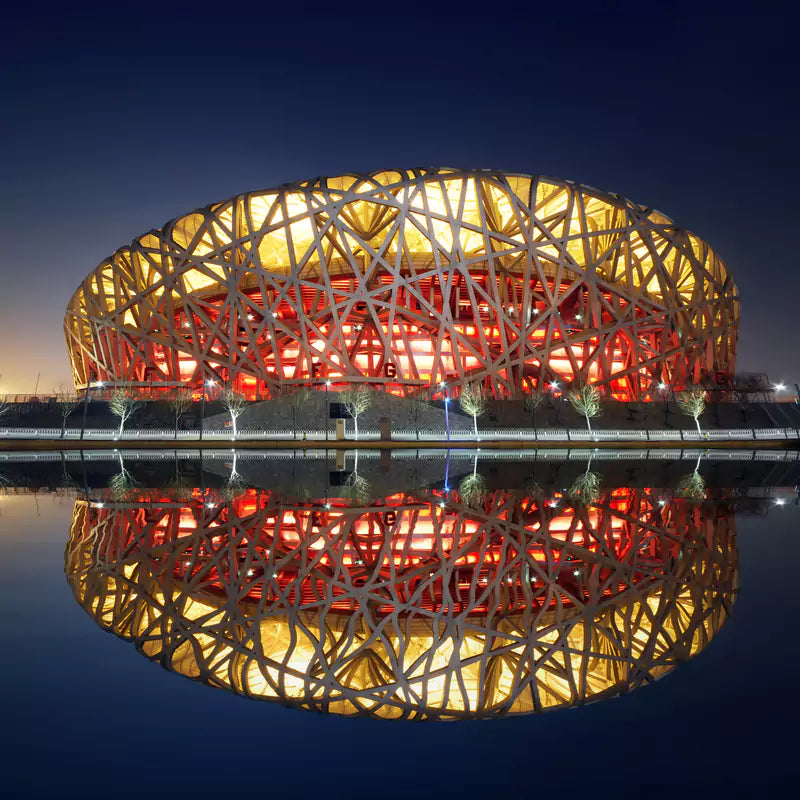 The 2008 Beijing Olympic Stadium featuring some of the most innovative facade lighting of its era.