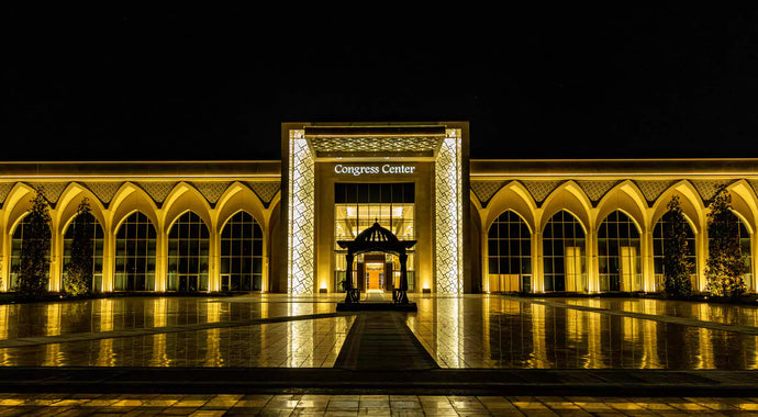 The Silk Road Samarkand Congress Center at night.